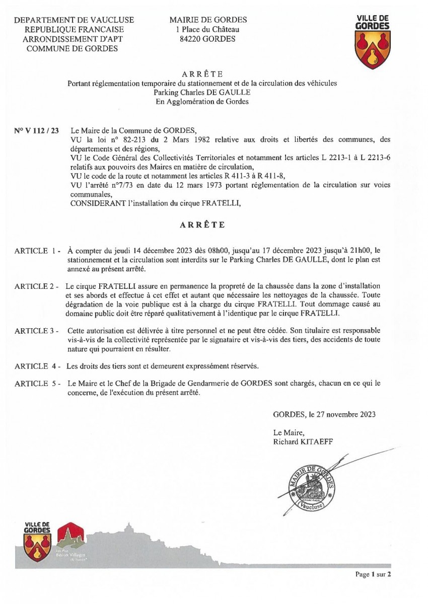 Arrêté municipal - portant règlementation temporaire du stationnement - Cirque - Parking Charles de Gaulle - 29/11