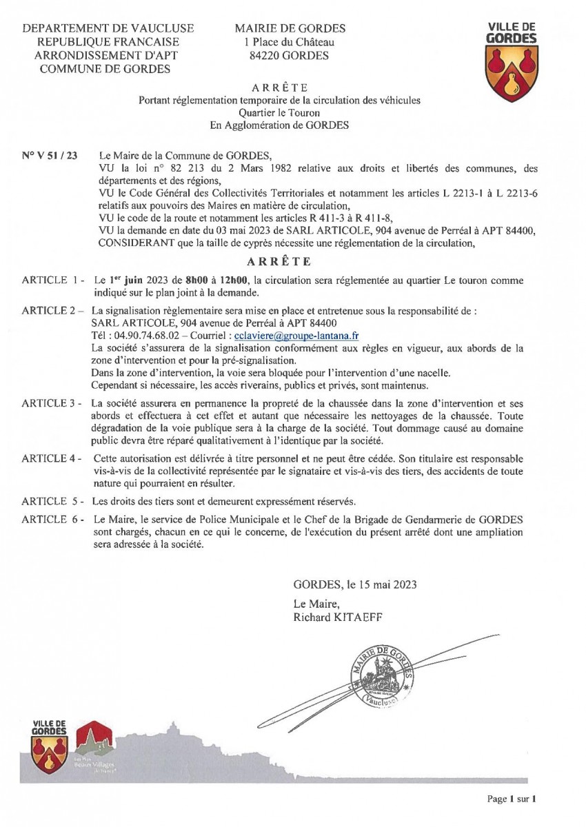 Arrêté Municipal - portant  réglementation temporaire de la  circulation - Quartier le Touron - 16/05