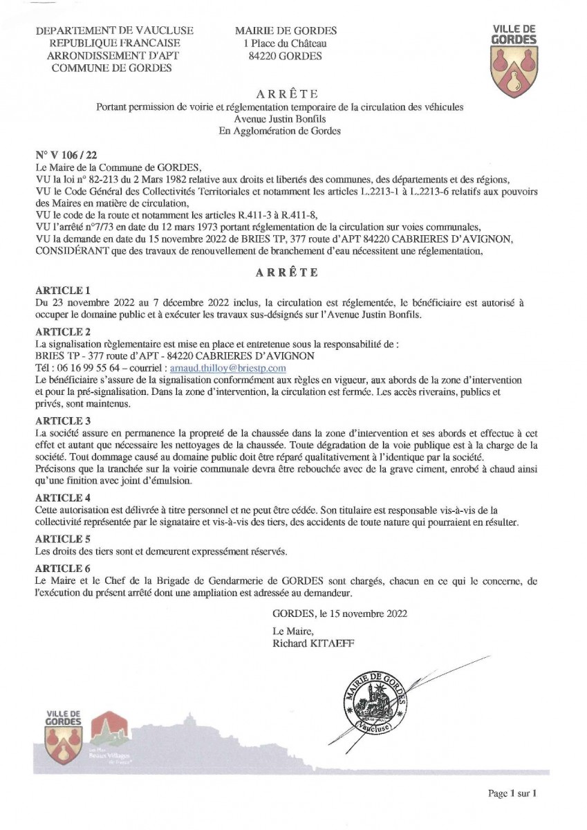  Arrêté Municipal - portant permission de voirie et règlement temporaire de la circulation des véhicules - Les Imberts 17/11