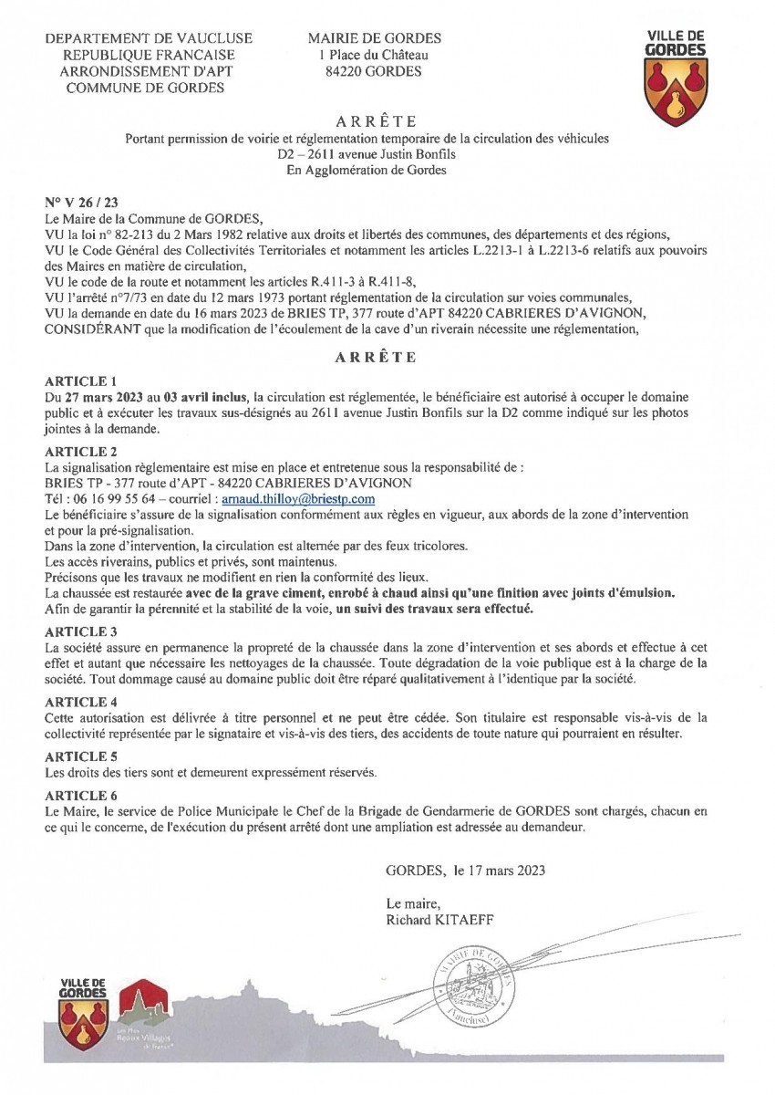 Arrêté Municipal - portant  permission de voirie et réglementation temporaire de la  circulation - D2 - 2611 av Justin Bonfils - 21/03