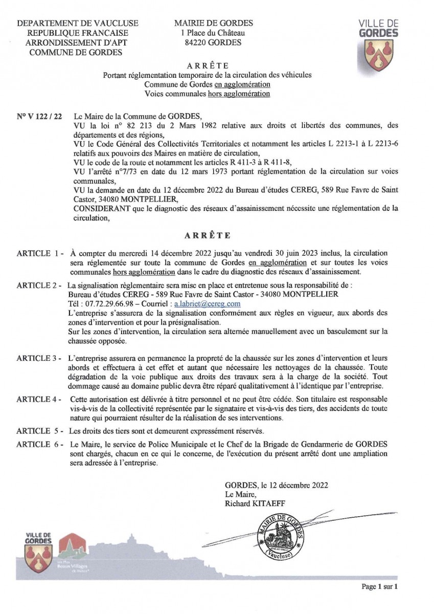 Arrêté Municipal - portant  réglementation temporaire de la  circulation - 13/12