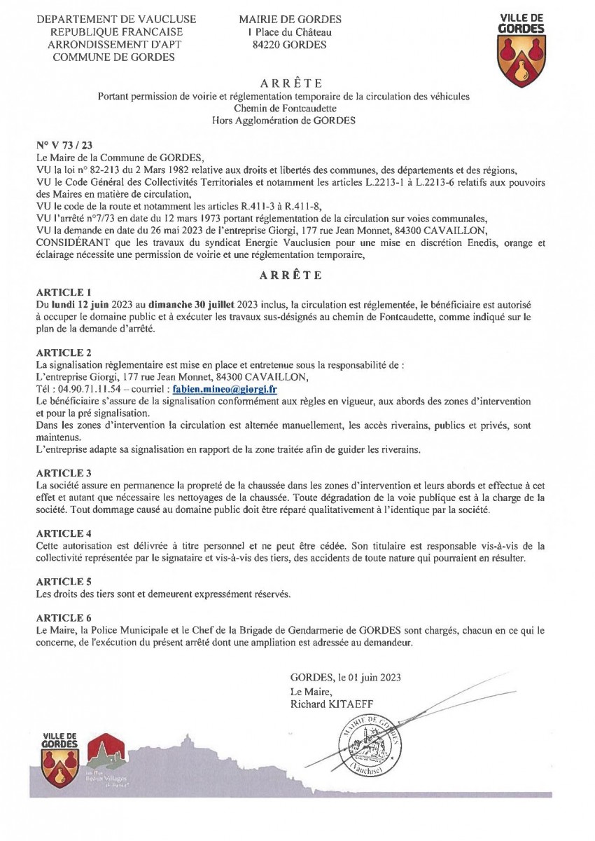 Arrêté Municipal - portant permission de voirie et réglementation temporaire de la  circulation - Ch de Fontcaudette - 07/06