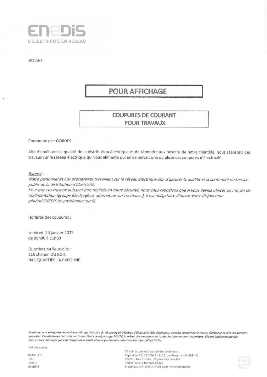 INFORMATION : COUPURE DE COURANT LE 13/01/2023