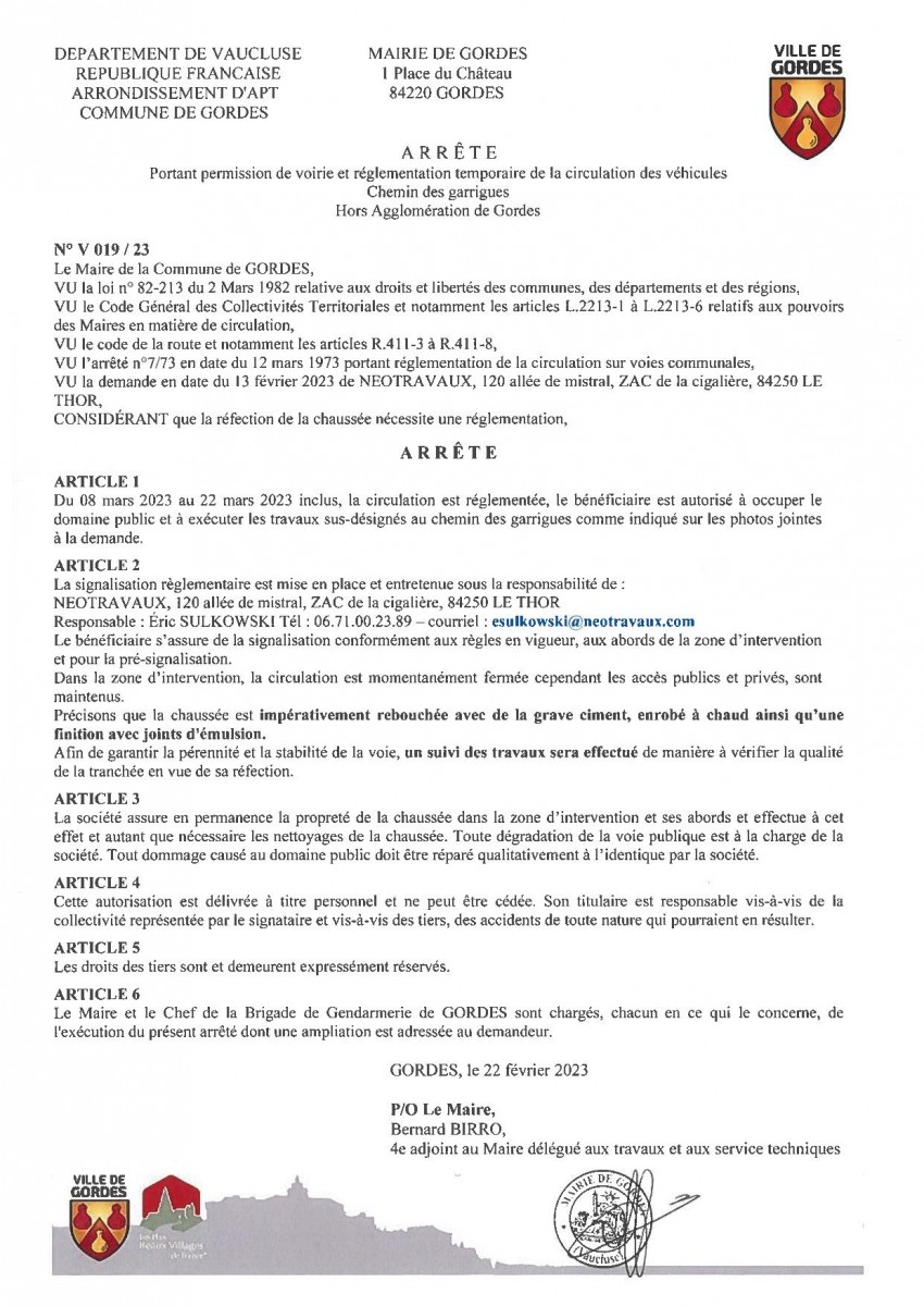 Arrêté Municipal - Portant  permission de voirie et réglementation temporaire de la  circulation - Chemin des garrigues - 27/02