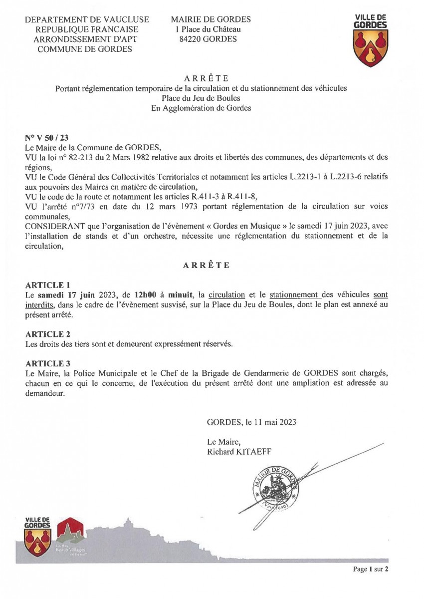 Arrêté municipal portant réglementation temporaire de la circulation et du stationnement - Gordes en musique - 15/05