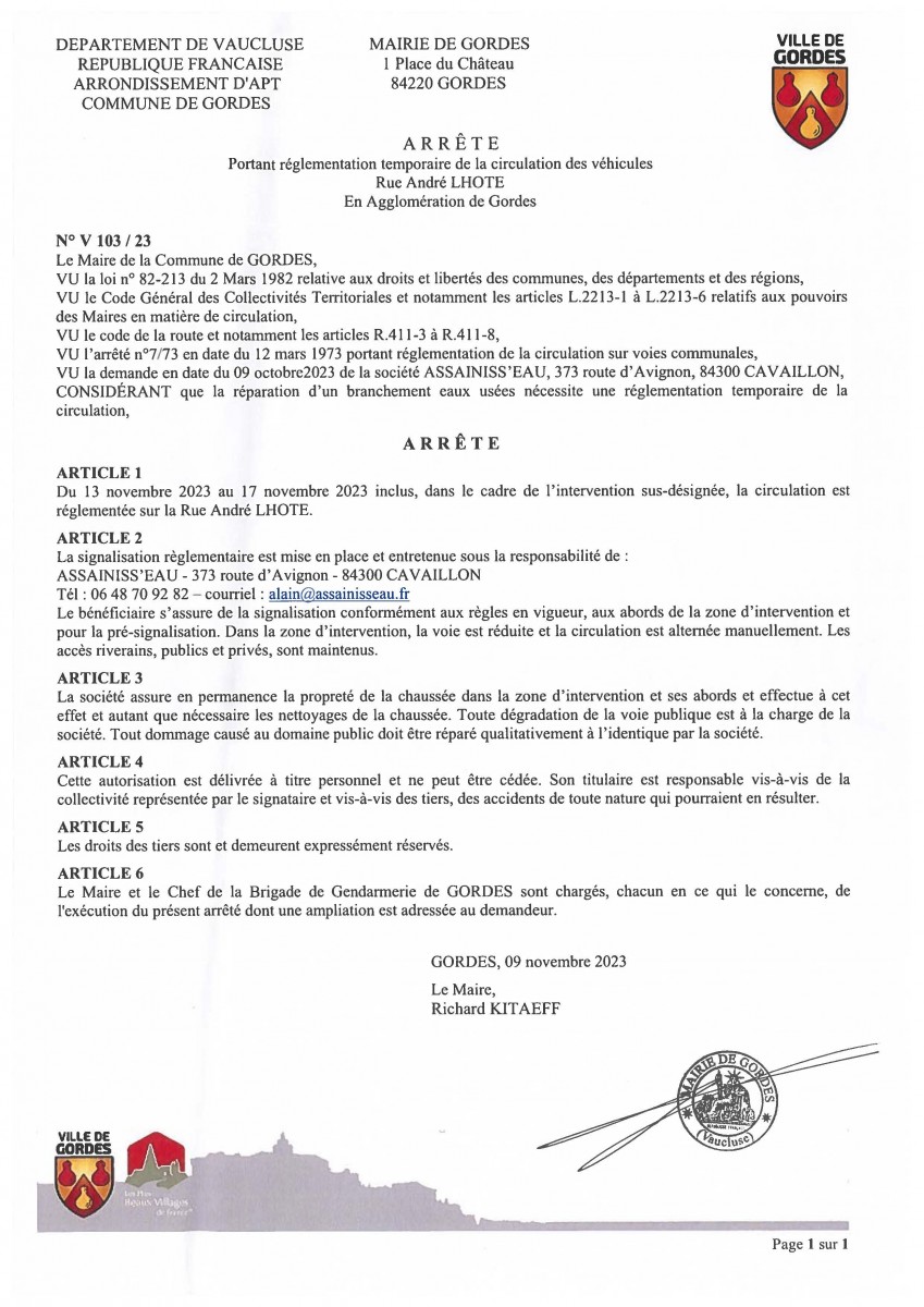 Arrêté municipal -Portant réglementation temporaire de la circulation des véhicules Rue André LHOTE - 09/11