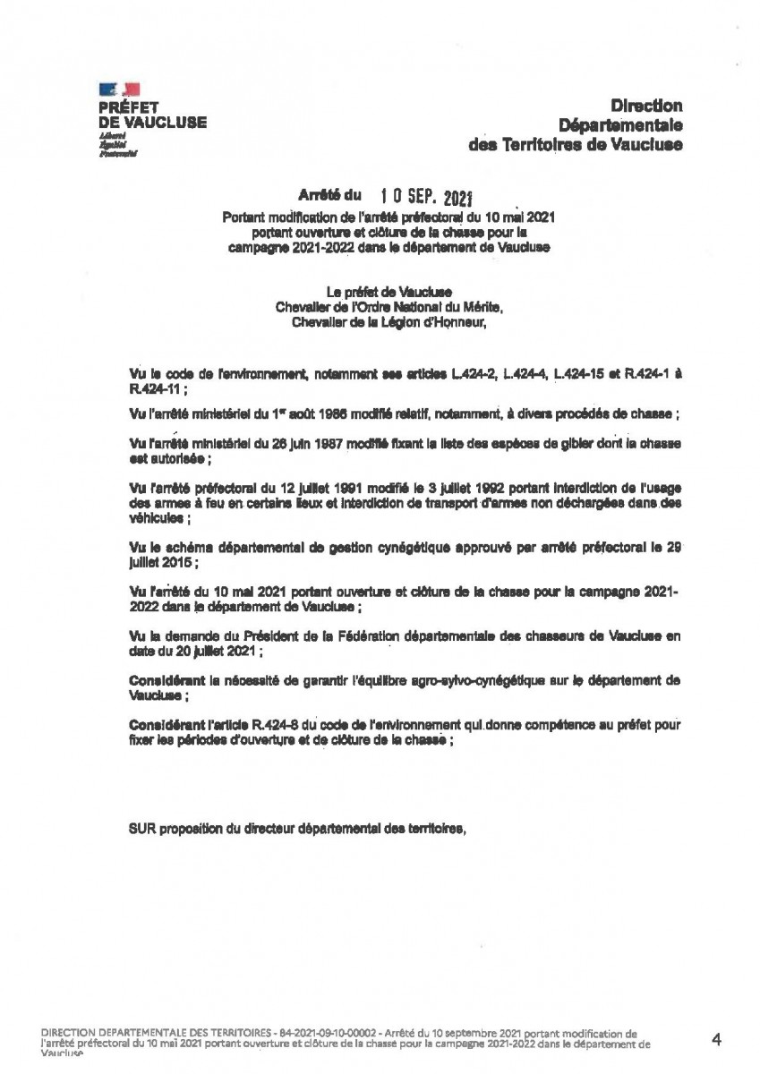 Arrêté Préfectoral - Portant modification de l'arrêté préfectoral du 10 mai 2021 portant ouverture et clôture de la chasse pour la campagne 2021-2022 dans le Vaucluse