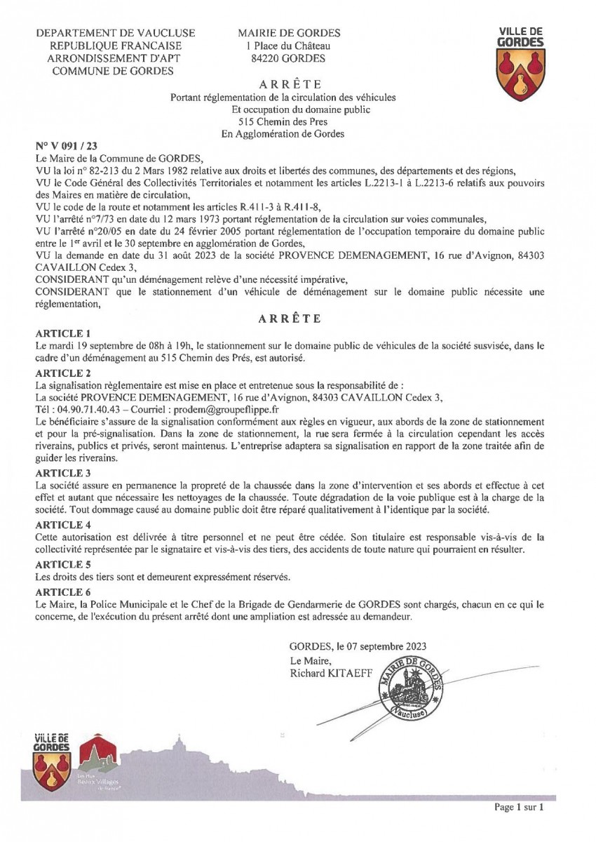 Arrêté Municipal - portant  réglementation temporaire de la  circulation - les  Imberts - 14/09