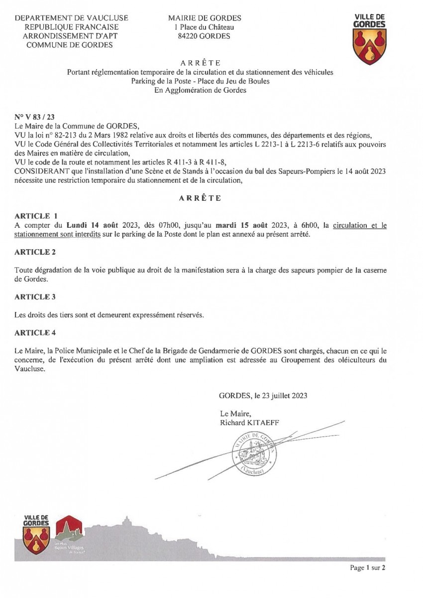 Arrêté Municipal - portant  réglementation temporaire de la  circulation et du stationnement - Bal des pompiers - 14/08