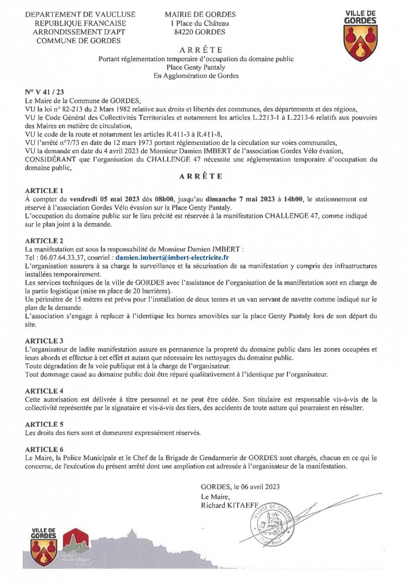 Arrêté Municipal - portant  réglementation temporaire d'occupation du domaine public - Place Genty Pantaly - 11/04