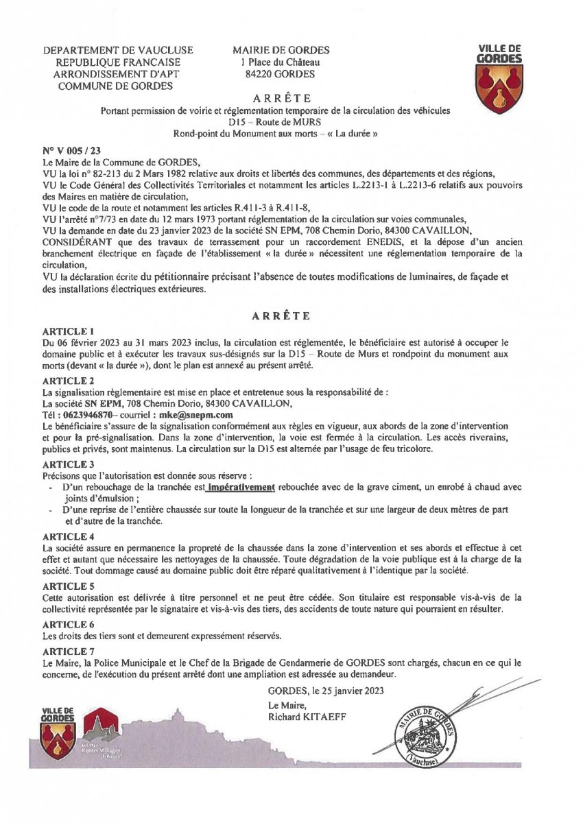 Arrêté Municipal-portant permission de voirie et réglementation temporaire de la circulation - D15 Route de Murs - 30/01