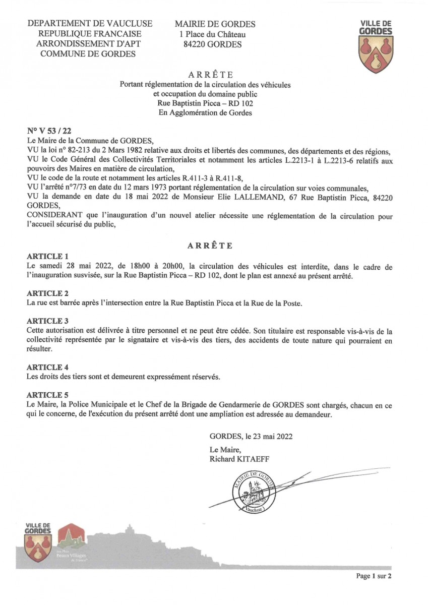  Arrêté municipal - Portant règlementation temporaire de la circulation sur la Rue Baptistin Picca - samedi 28 mai 2022 de 18h00 à 20h00