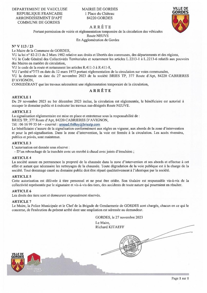 Arrêté municipal - portant permission de voirie et réglementation temporaire de la circulation  - Route Neuve - 29/11