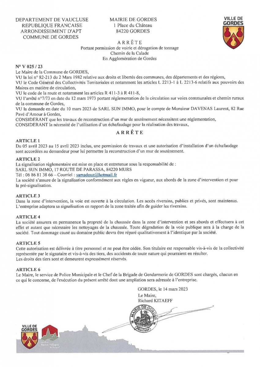 Arrêté Municipal - portant  permission de voirie et dérogation de tonnage - Chemin de la Calade - 15/03