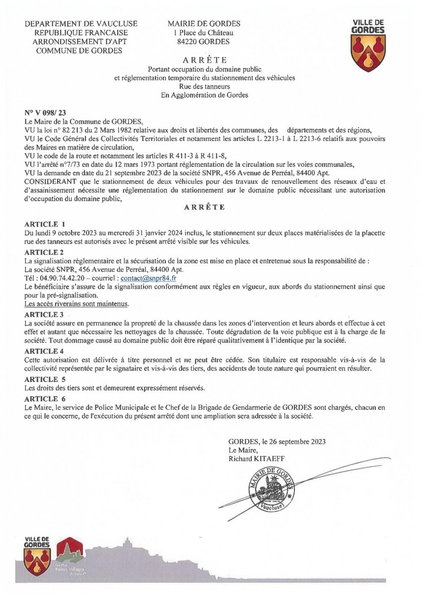 Arrêté municipal - portant occupation du domaine public - Rue des Tanneurs - 04/10