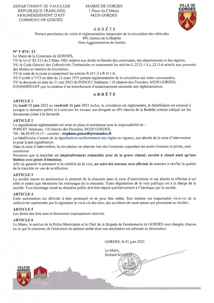 Arrêté Municipal - portant  permission de voirie et réglementation temporaire de la  circulation - 895 ch de la Badelle - 07/06