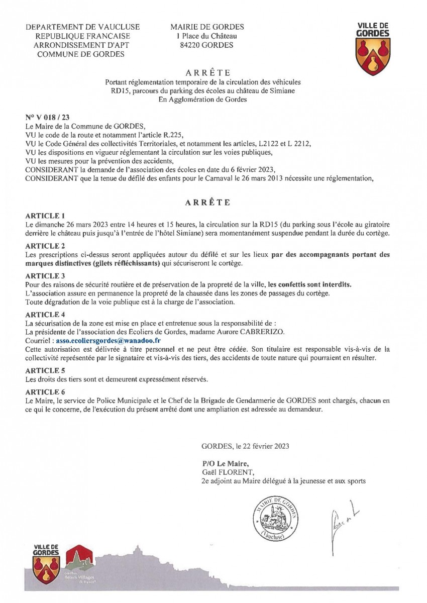 Arrêté Municipal - portant  réglementation temporaire de la  circulation - RD15 - Carnaval - 22/02