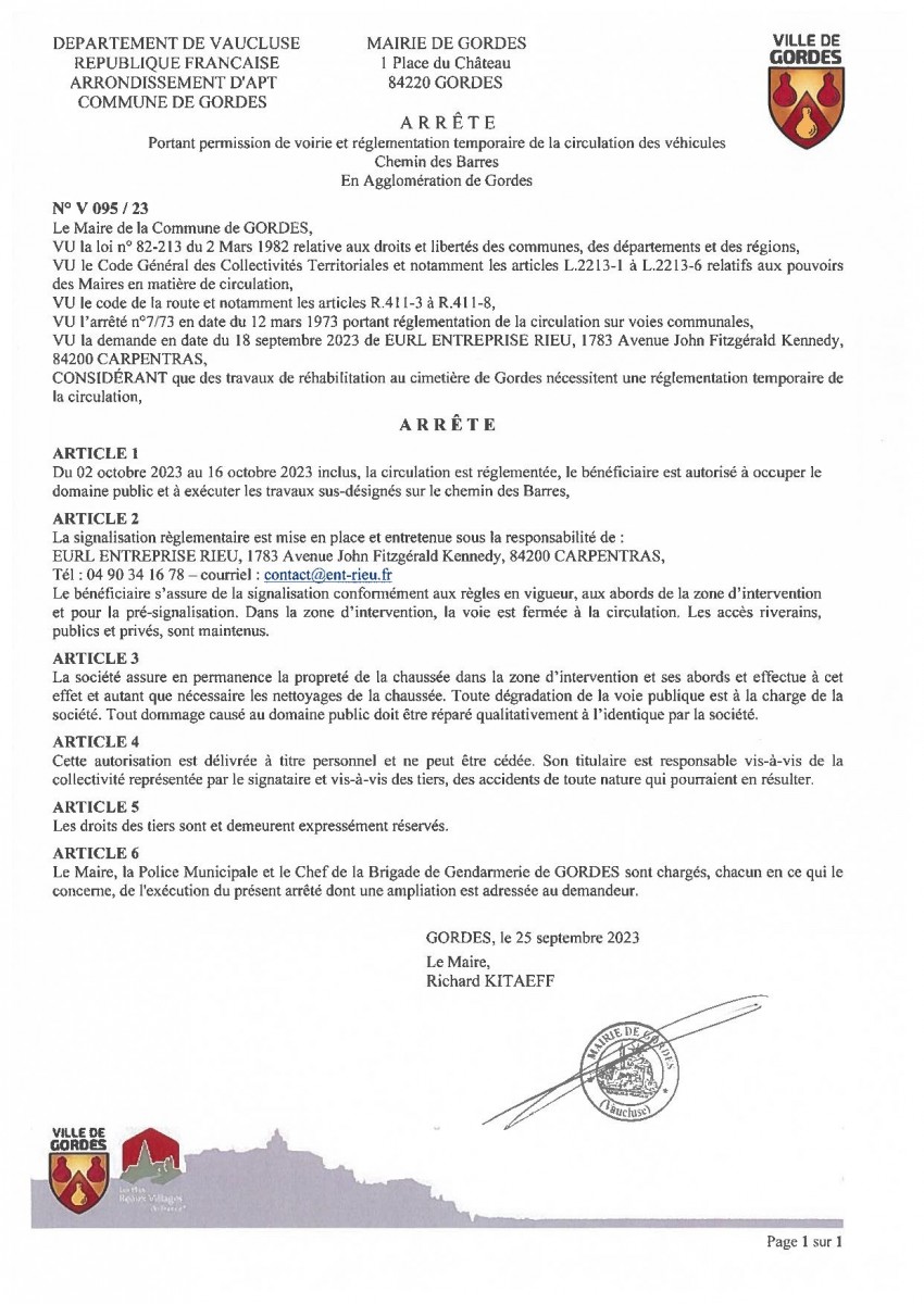 Arrêté municipal - portant réglementation temporaire de la circulation  - Chemin des Barres - 26/09
