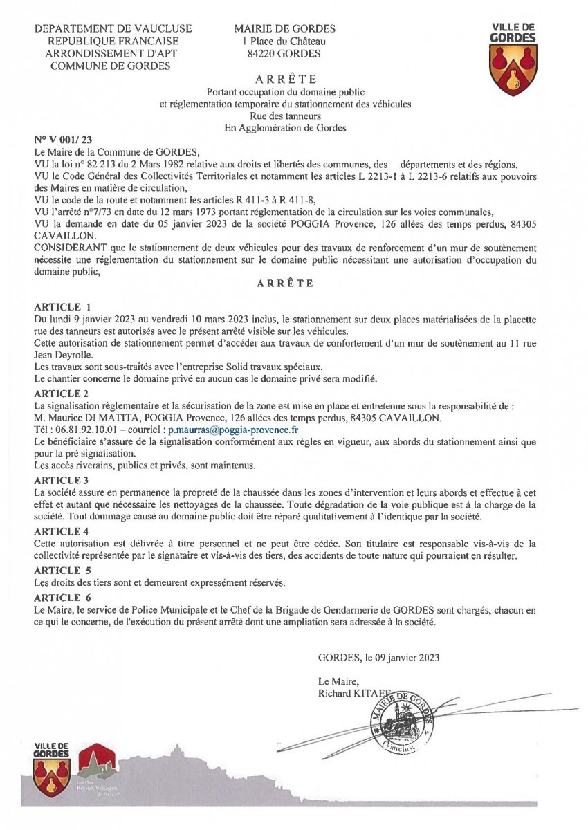 Arrêté Municipal - portant  occupation du domaine public et réglementation temporaire du stationnement des véhicules - Rue des Tanneurs - 12/01