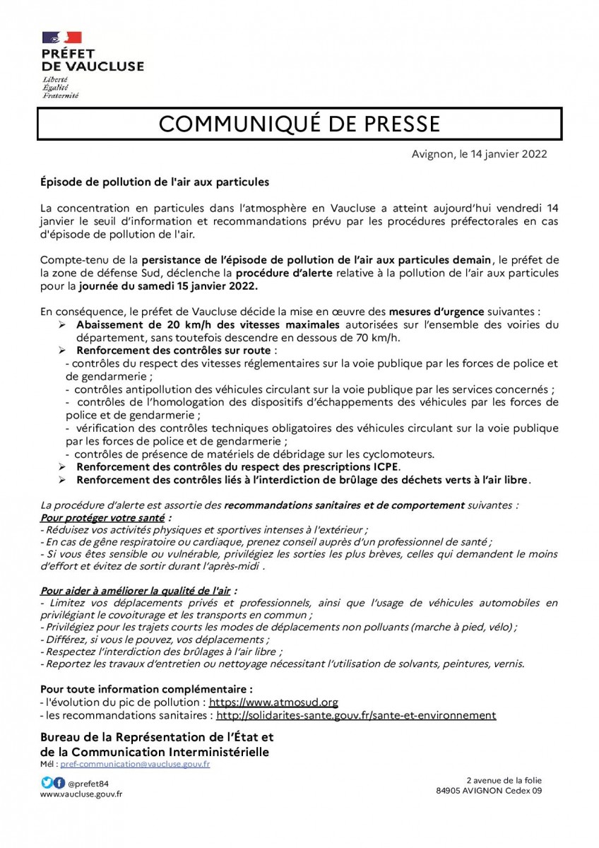 Communiqué de presse - Préfecture de Vaucluse - Épisode de pollution de l'air aux particules 