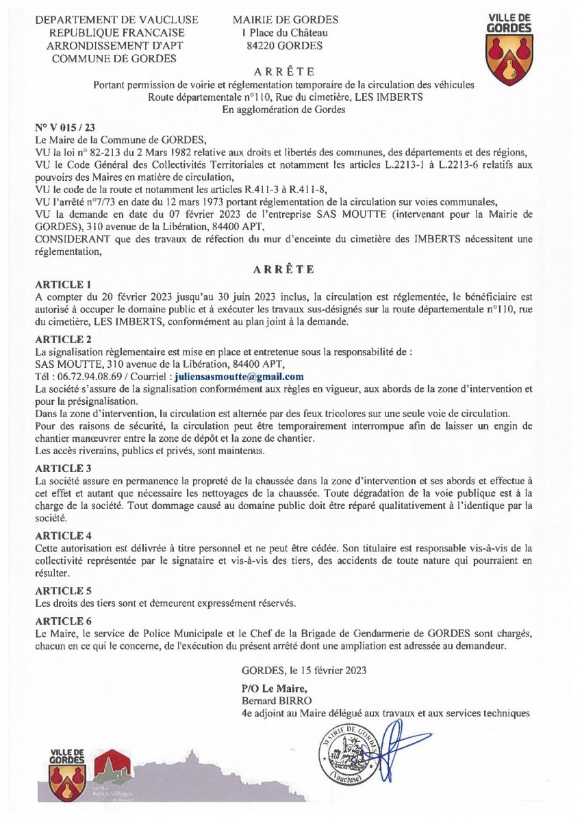 Arrêté Municipal - portant  permission de voirie et réglementation temporaire de la  circulation - Rue du cimetière - les Imberts - 16/02