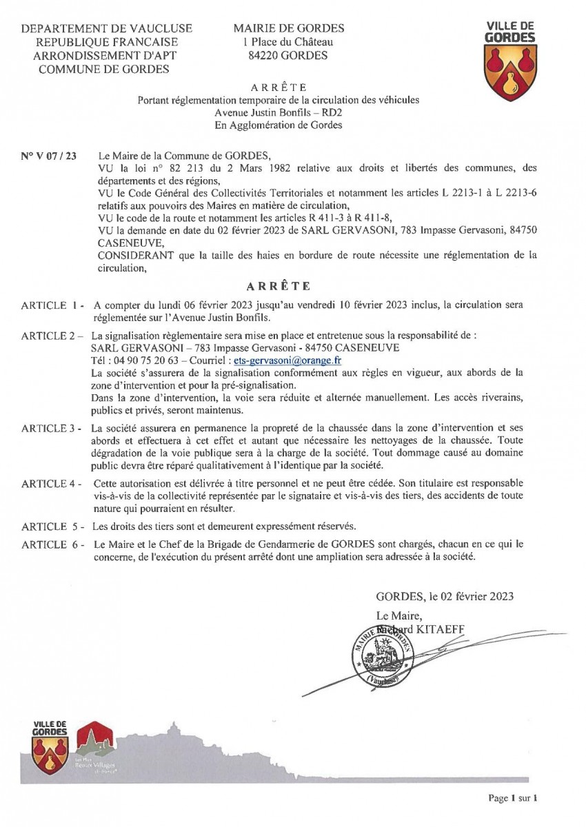 Arrêté Municipal - portant  réglementation temporaire de la  circulation - Avenue Justin Bonfils - RD2 - 6/02