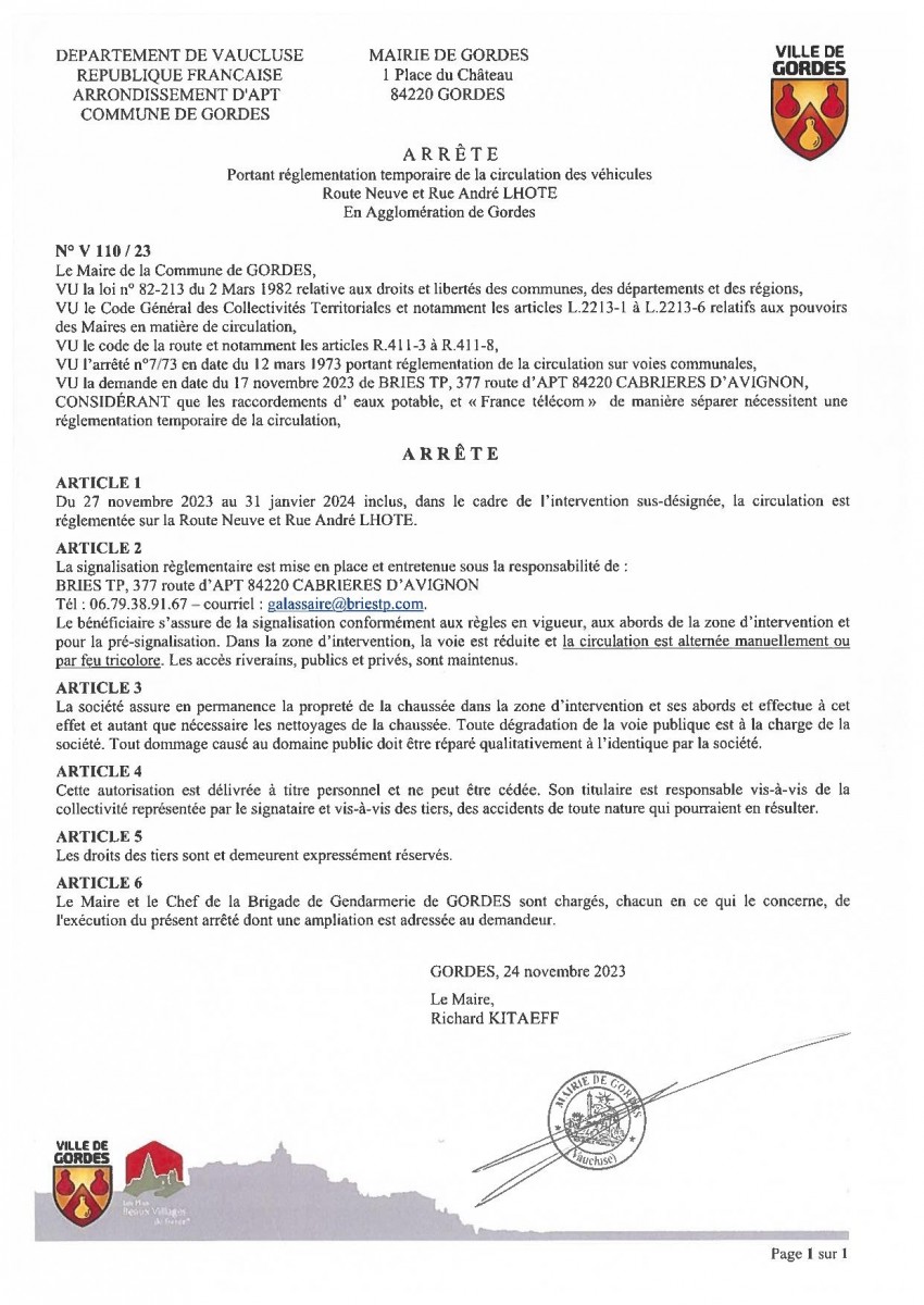 Arrêté municipal - portant règlementation temporaire de circulation - Route Neuve - André Lhote - 28/11