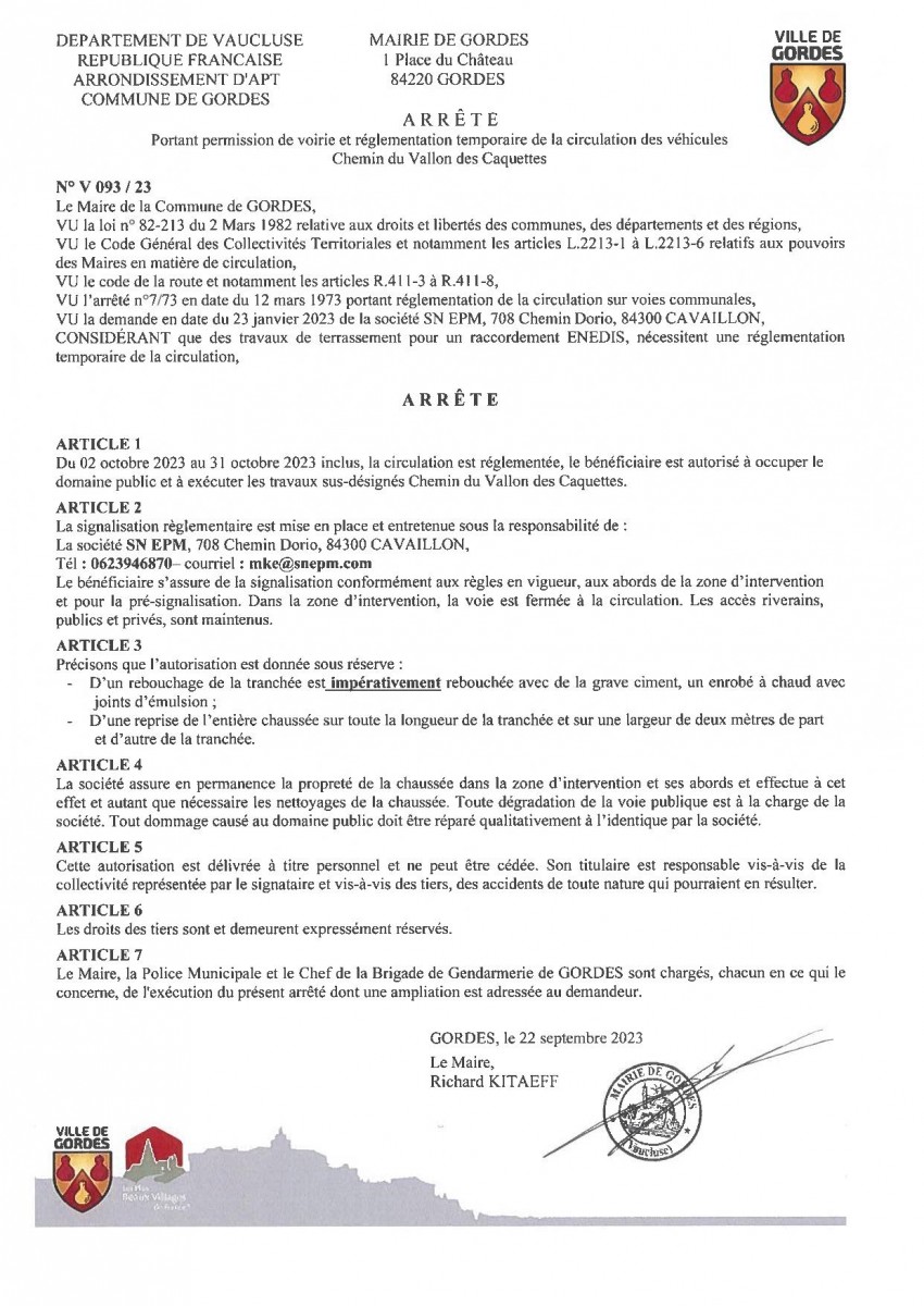 Arrêté municipal - portant permission de voirie et réglementation temporaire de la circulation  - Ch du Vallon des Caquettes - 23/09