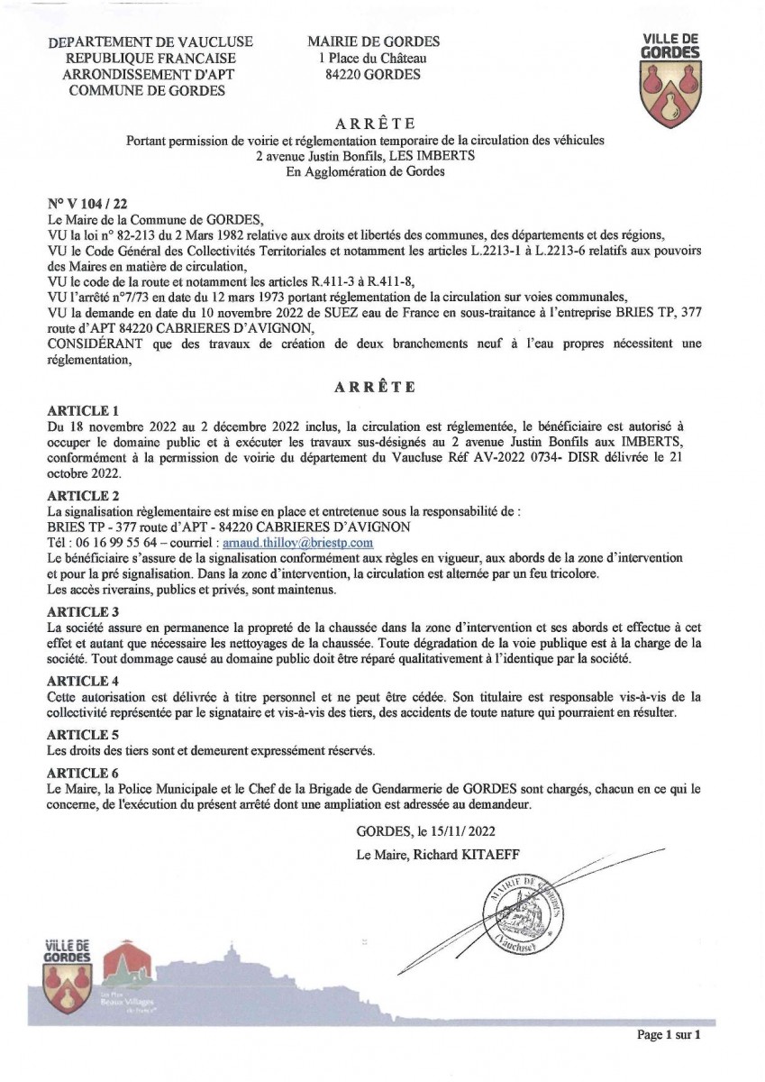 Arrêté Municipal- portant permission de voirie et réglementation temporaire de la circulation des véhicules - Les Imberts - 17/11