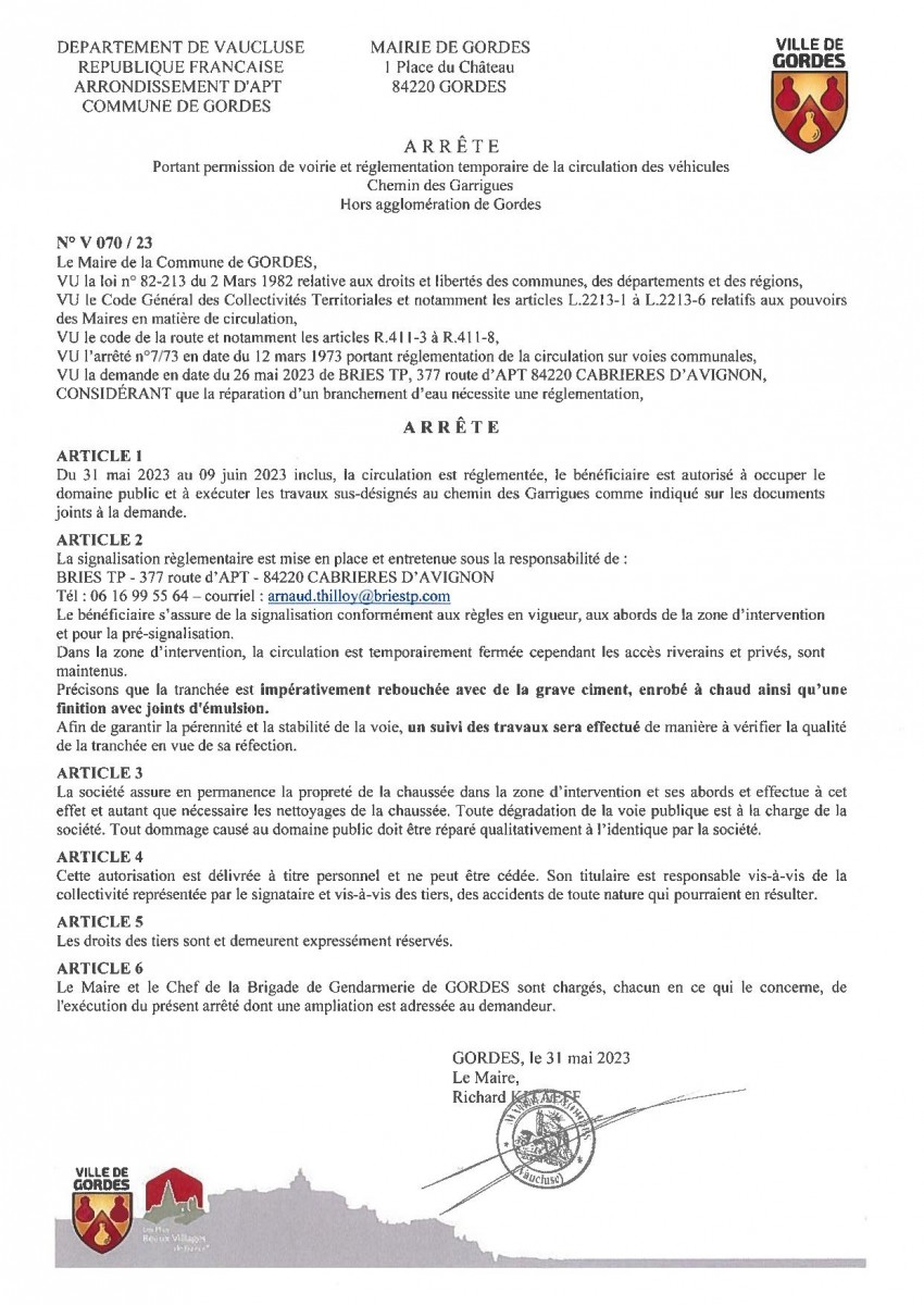 Arrêté Municipal - portant  permission de voirie et réglementation temporaire de la  circulation - 170 ch de Font Blanche - 07/06