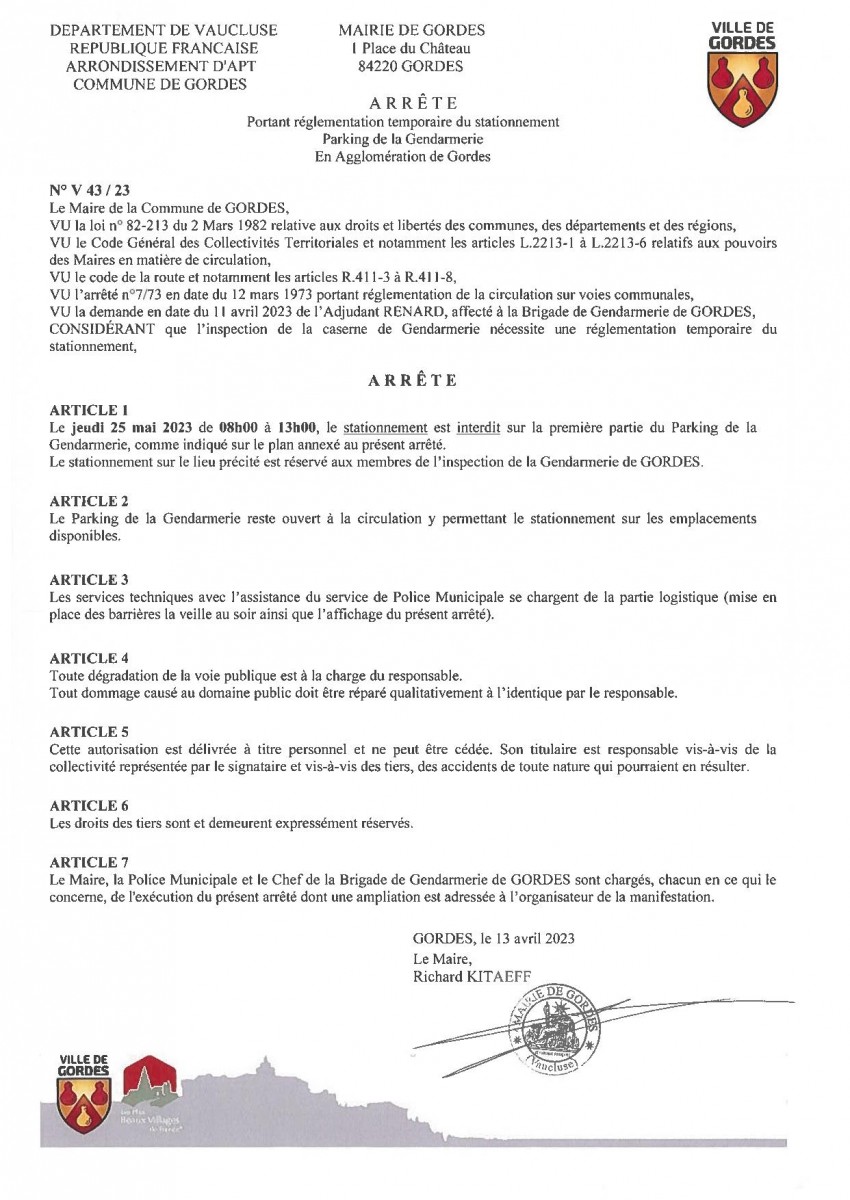 Arrêté Municipal - portant  permission temporaire de stationnement - Parking de la Gendarmerie - 19/04