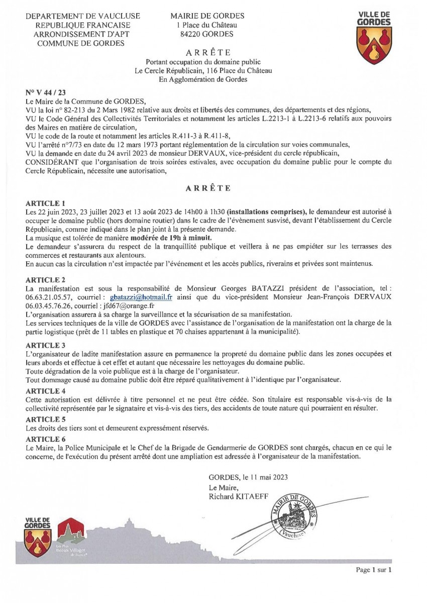 Arrêté municipal portant occupation du domaine public - Cercle Républicain - 15/05