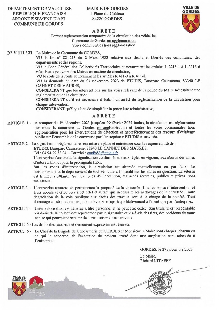Arrêté municipal - portant règlementation temporaire de circulation -  28/11