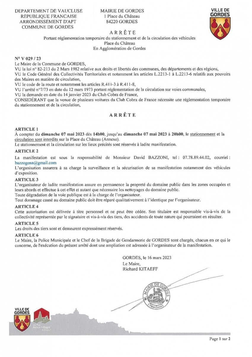 Arrêté Municipal - portant  réglementation temporaire de la  circulation et du stationnement des véhicules - Place du Château -  21/03