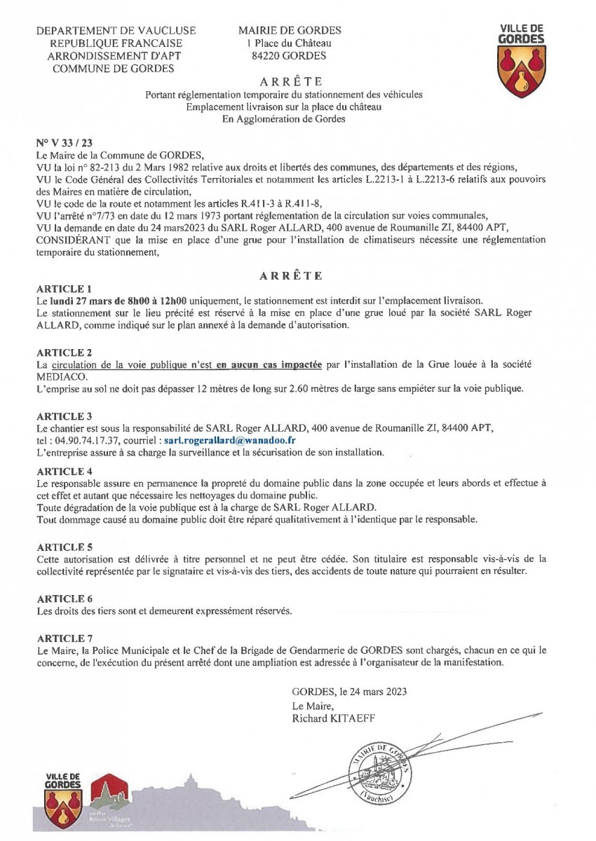 Arrêté Municipal - portant  réglementation temporaire de la  circulation - Emplacement livraison, place du château - 29/04