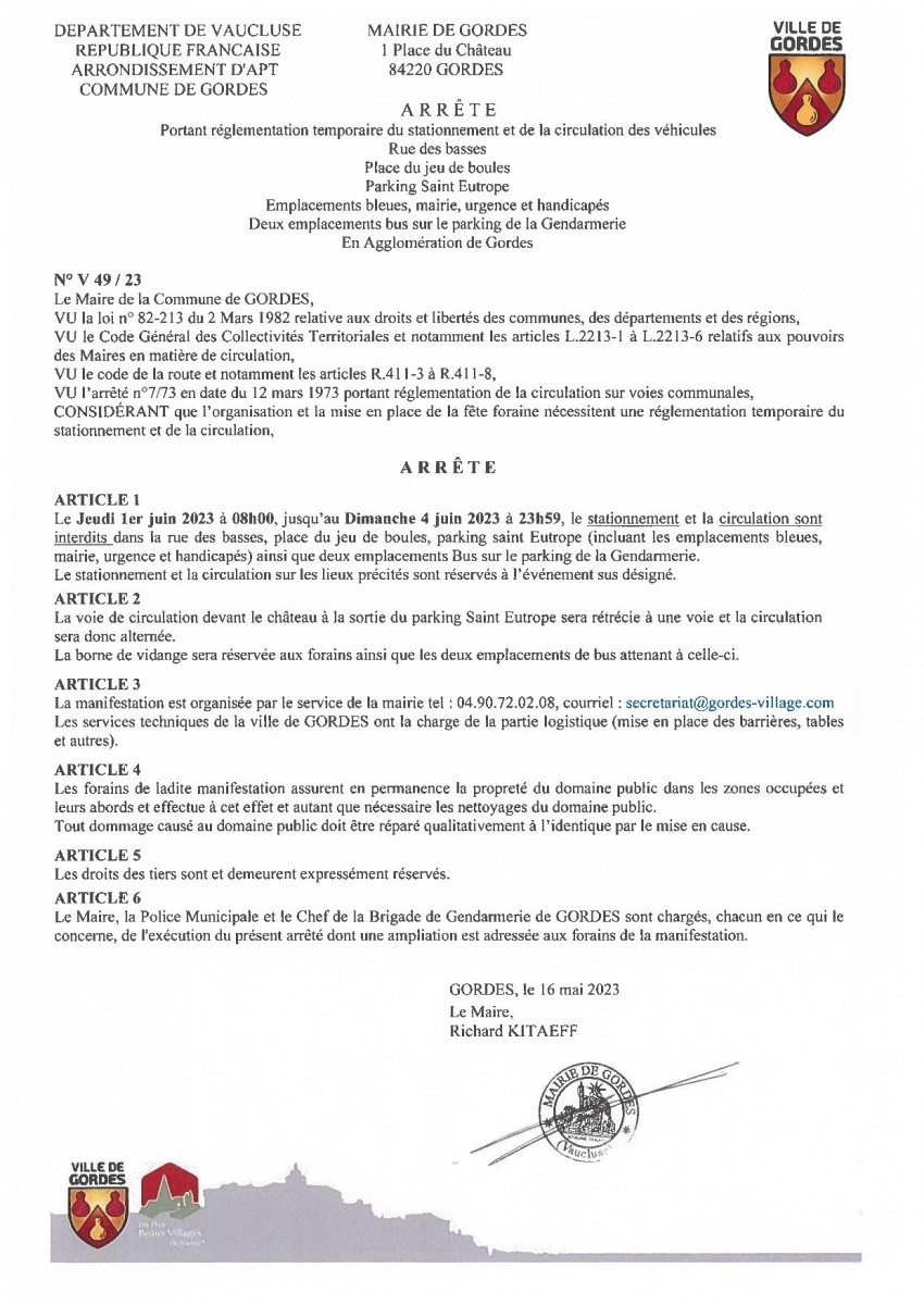 Arrêté Municipal - portant  réglementation temporaire de la  circulation et du stationnement - Fête votive - 19/05