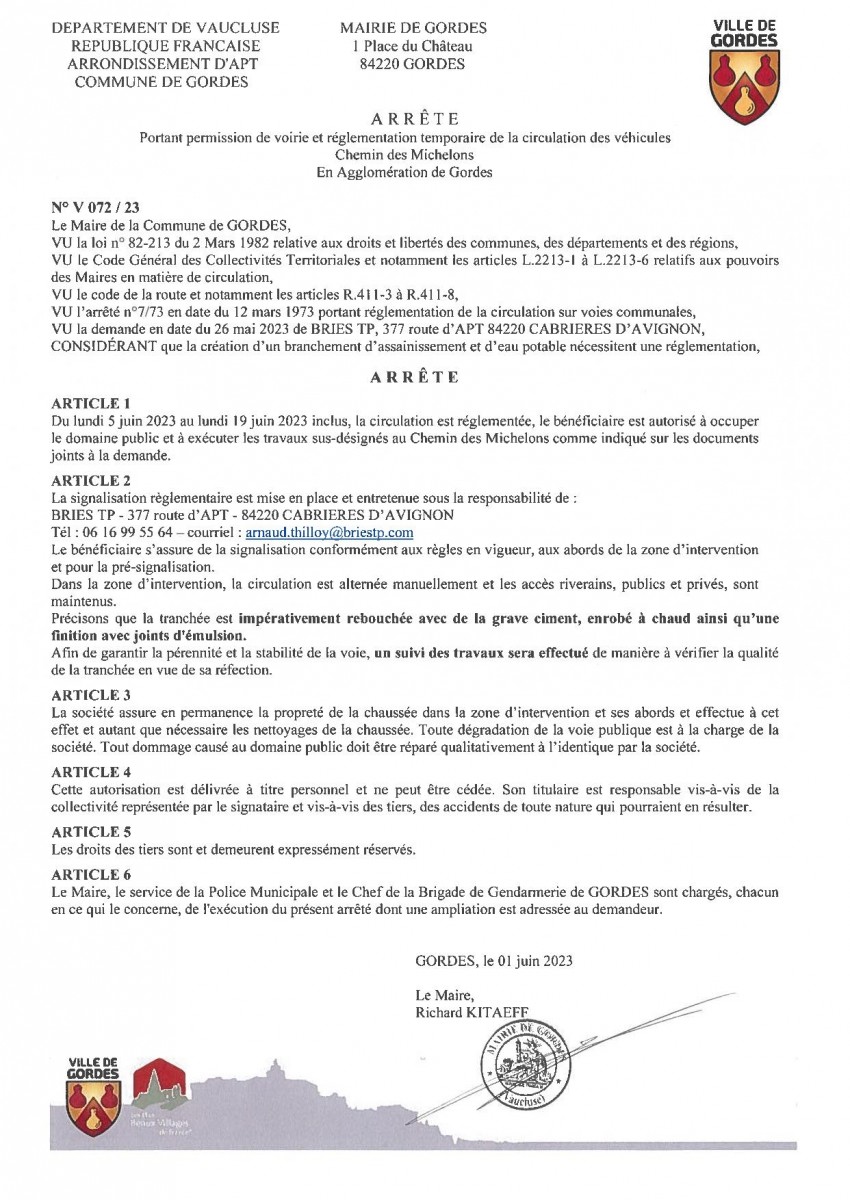 Arrêté Municipal - portant  permission de voirie et réglementation temporaire de la  circulation -  Ch des Michelons - 07/06