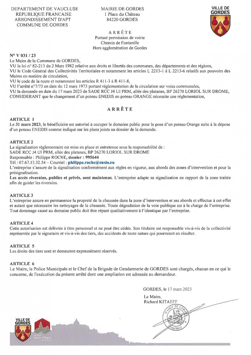 Arrêté Municipal - portant  permission de voirie - Chemin de Fontanille - 21/03