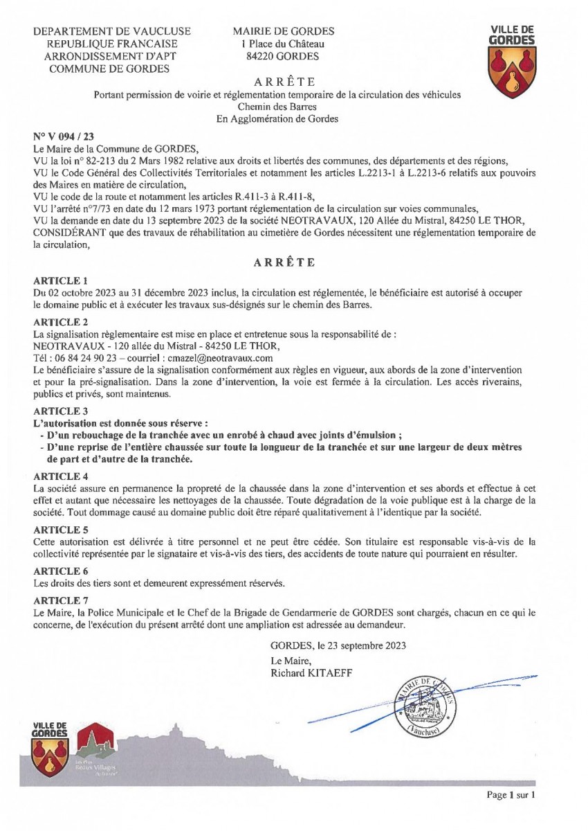 Arrêté municipal - portant réglementation temporaire de la circulation  - Chemin des Barres - 25/09