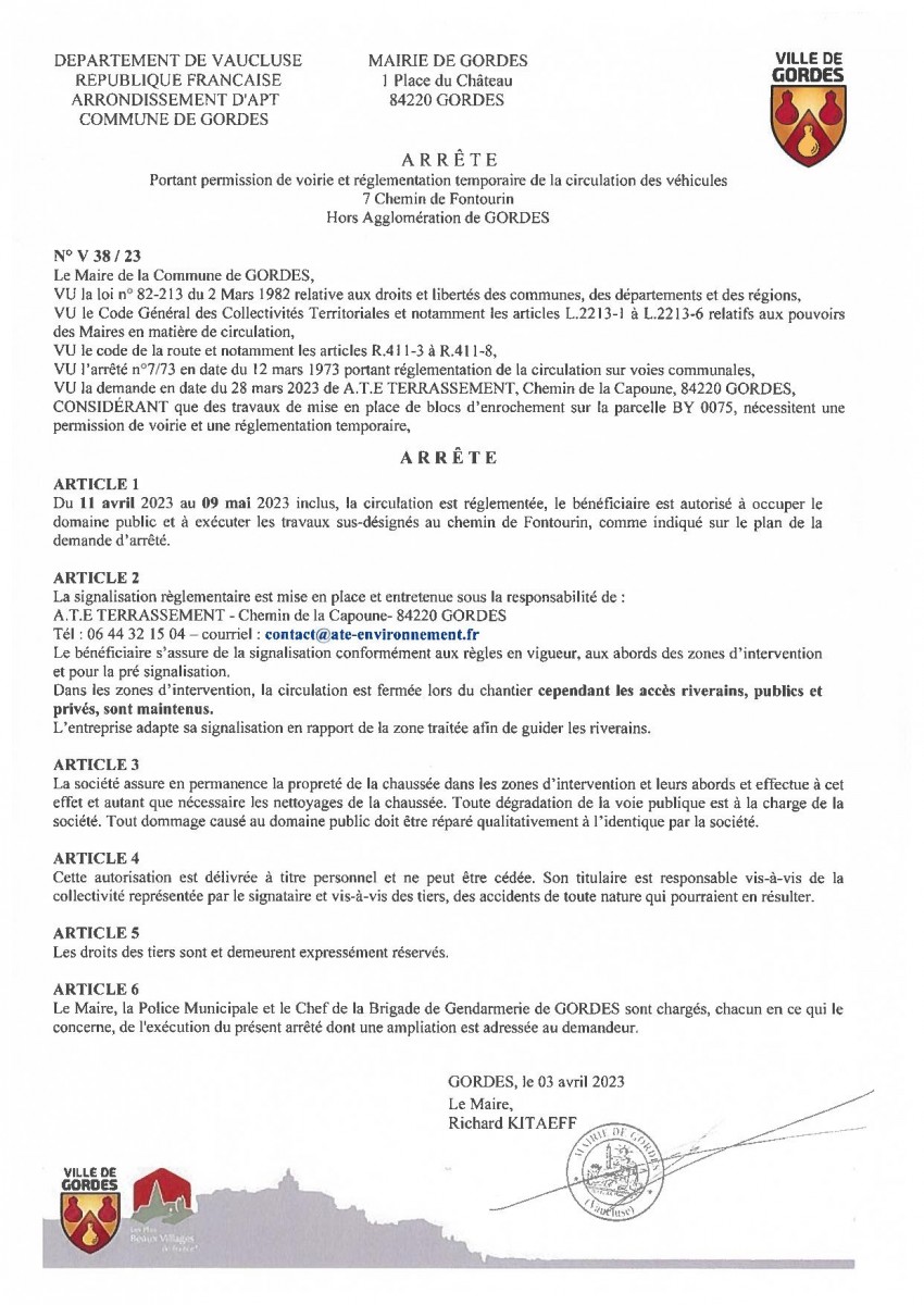 Arrêté Municipal - portant  permission de voirie - 7 chemin de Fontourin - 04/04