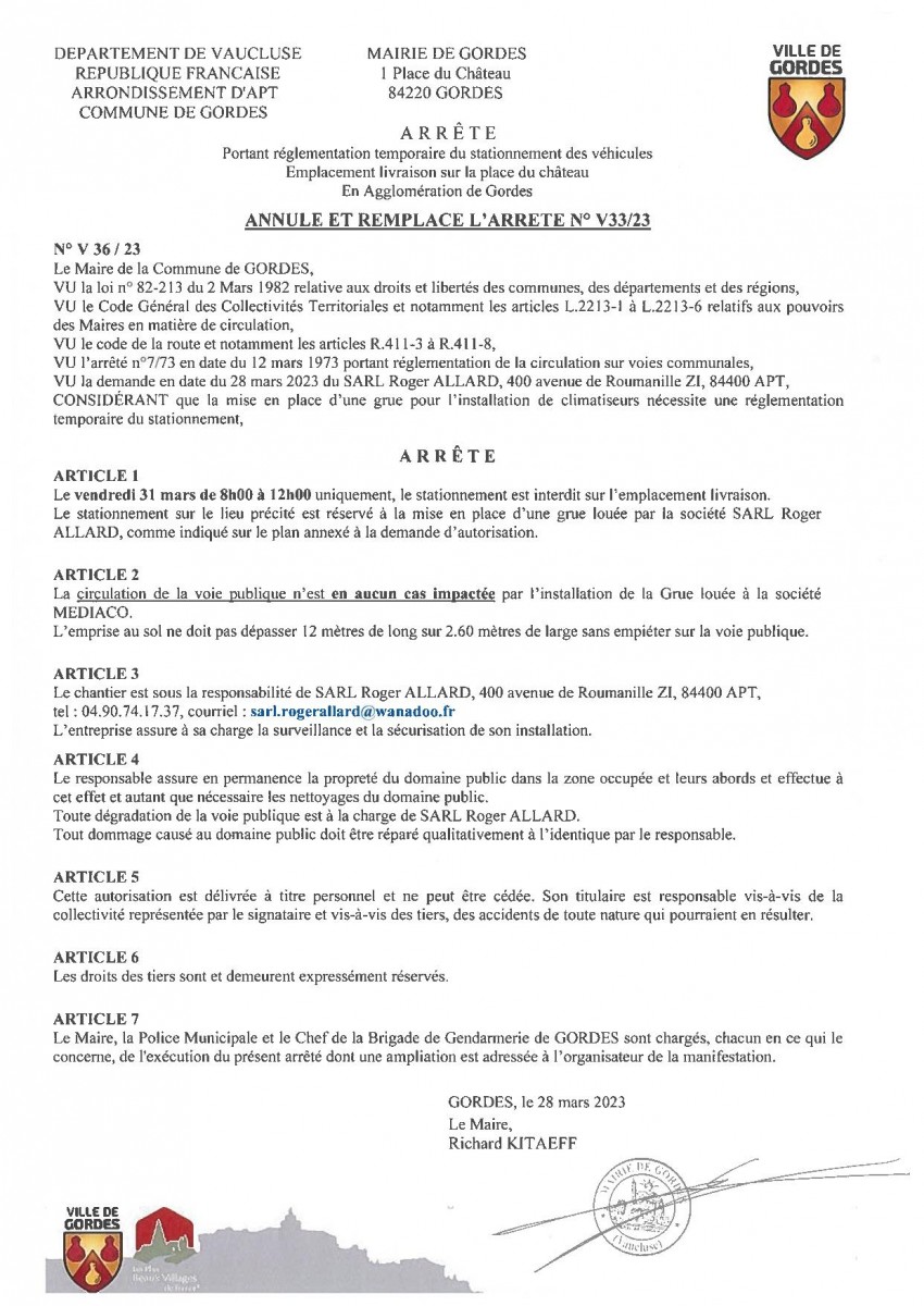 Arrêté Municipal - portant  réglementation temporaire du stationnement - Emplacement livraison, place du château  - 29/04
