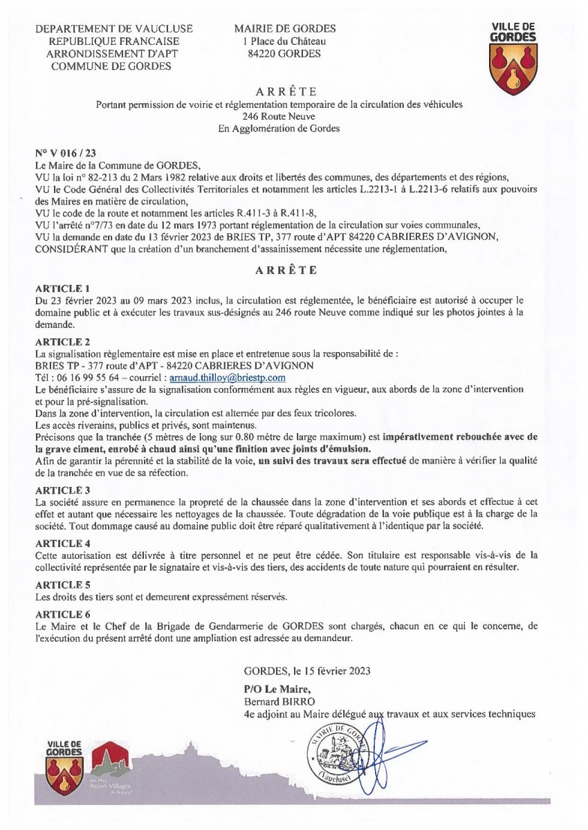 Arrêté Municipal - portant  permission de voirie et réglementation temporaire de la  circulation -  Route Neuve - 15 /02