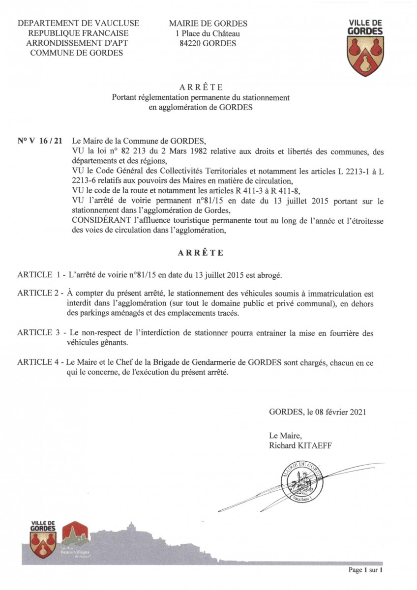Arrêté municipal portant réglementation permanente du stationnement en agglomération de Gordes