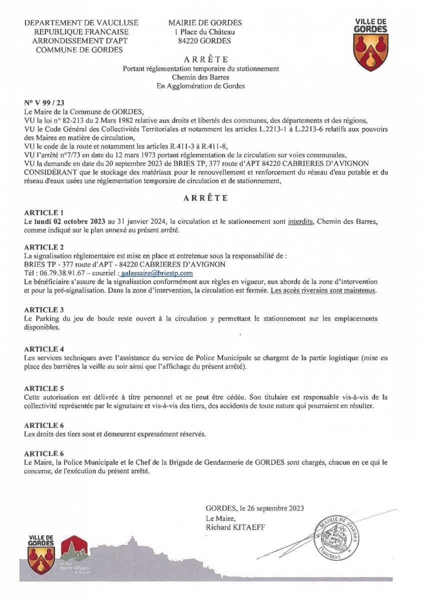 Arrêté municipal - portant règlementation temporaire du stationnement - Chemin des Barres -  04/10
