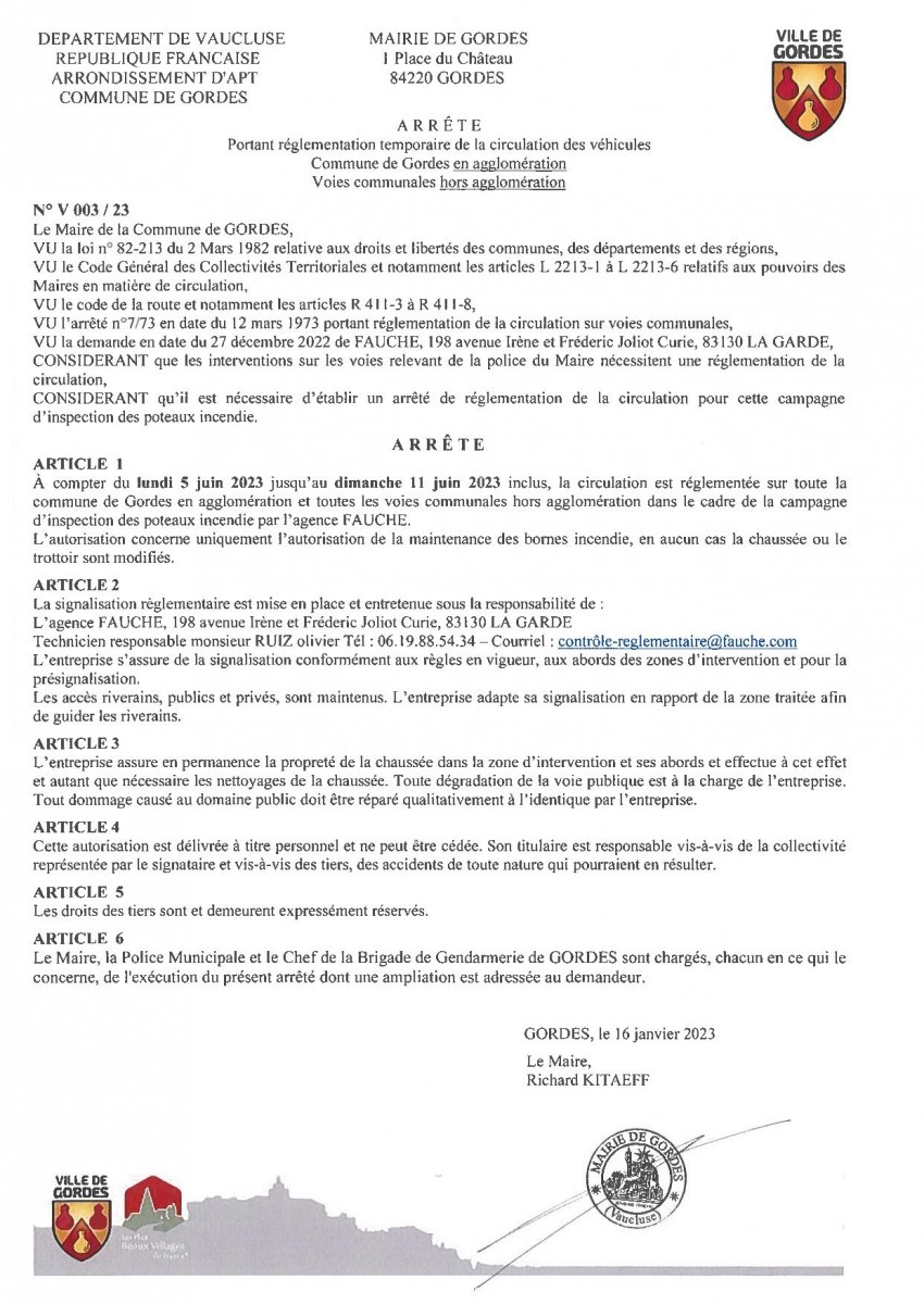 Arrêté Municipal - portant  réglementation temporaire de la  circulation - Campagne inspection des poteaux incendie - 10/05