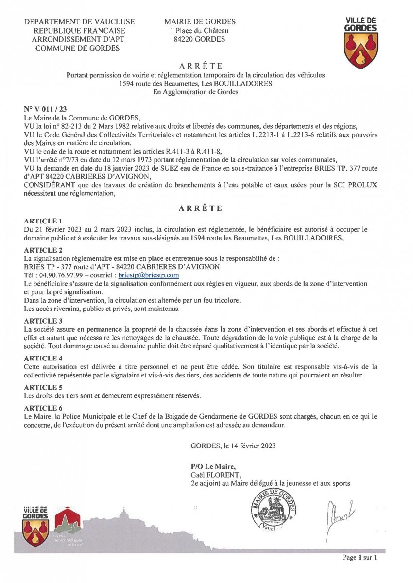 Arrêté Municipal - Portant  permission de voirie et réglementation temporaire de la circulation - Les Bouilladoires - 14/02