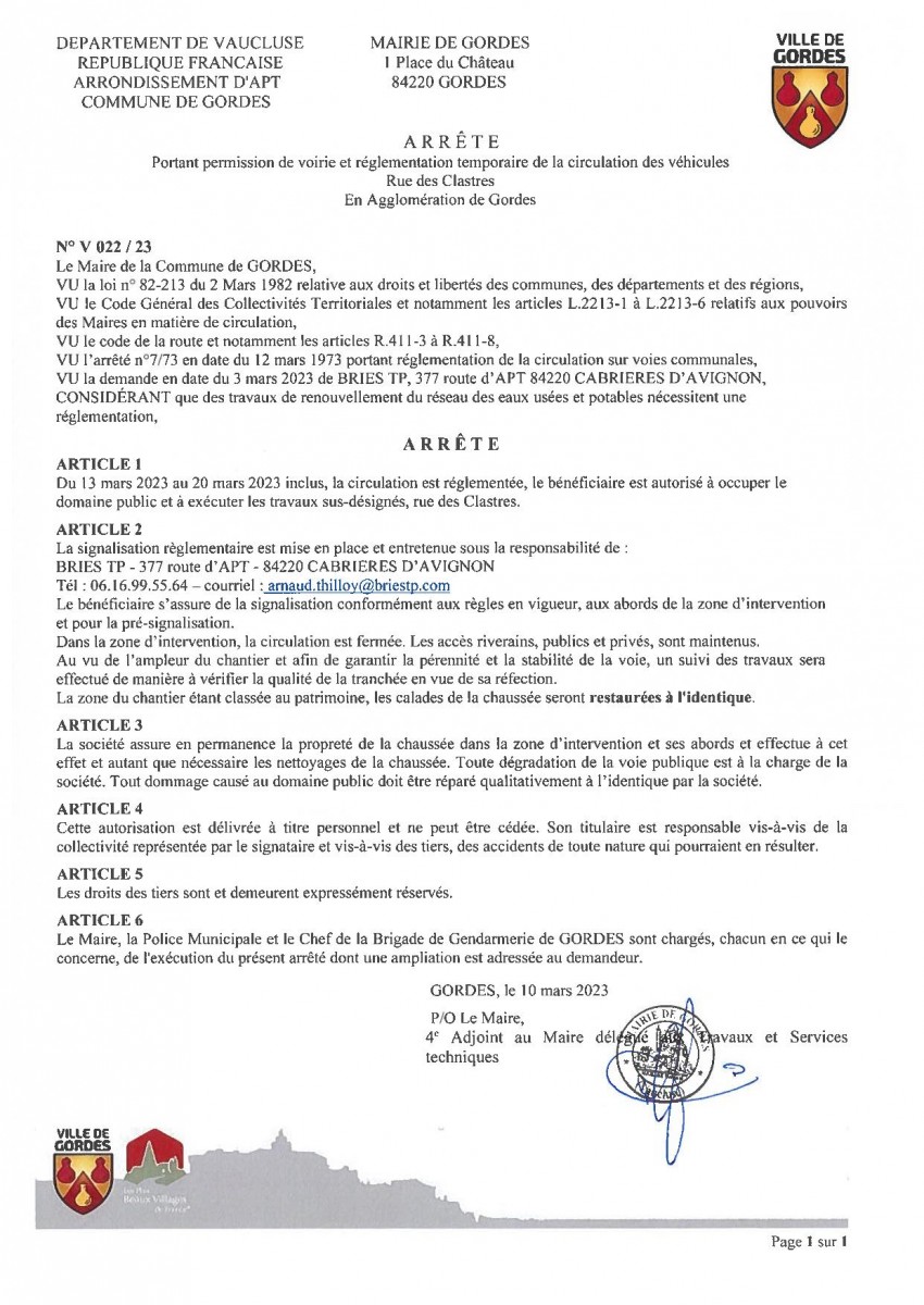 Arrêté Municipal - portant  permission de voirie et réglementation temporaire de la  circulation - Rue des Clastres - 13/03