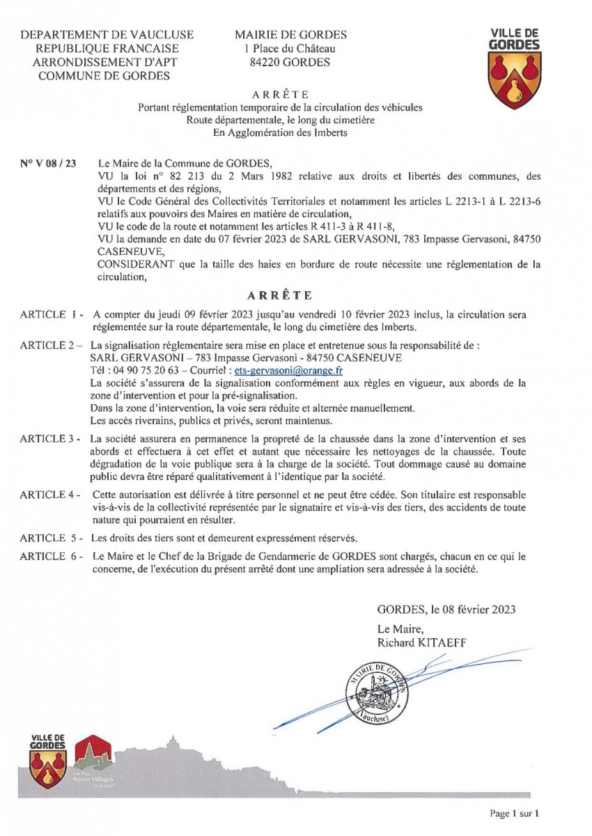 Arrêté Municipal - portant  réglementation temporaire de la  circulation - Les Imberts - le long du cimetière- 9/02