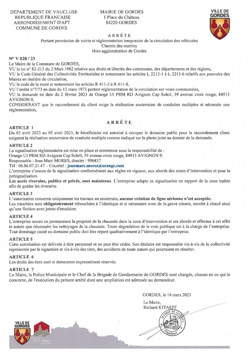 Arrêté Municipal - portant permission de voirie et réglementation temporaire de la  circulation - Ch. des Martins - 15/03